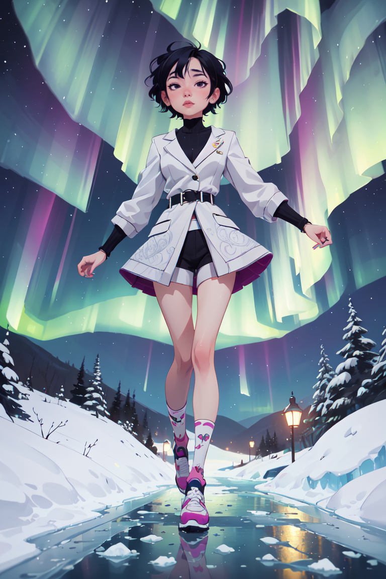 A girl walks on the icy and snowy road. (night, aurora:1.1), centered,  , absurdres, hyperrealistic, sharp focus, (intrica...
